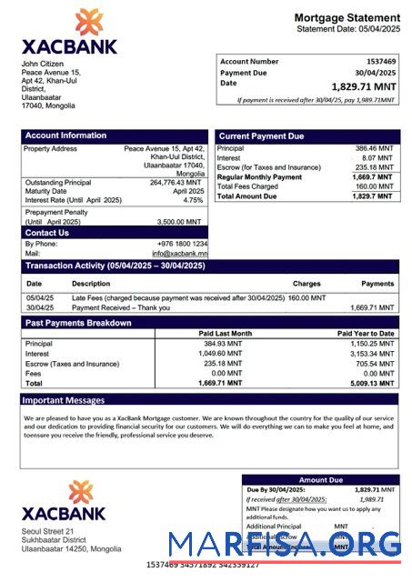Downloadable Mongolia XacBank mortgage statement Word and PDF template
